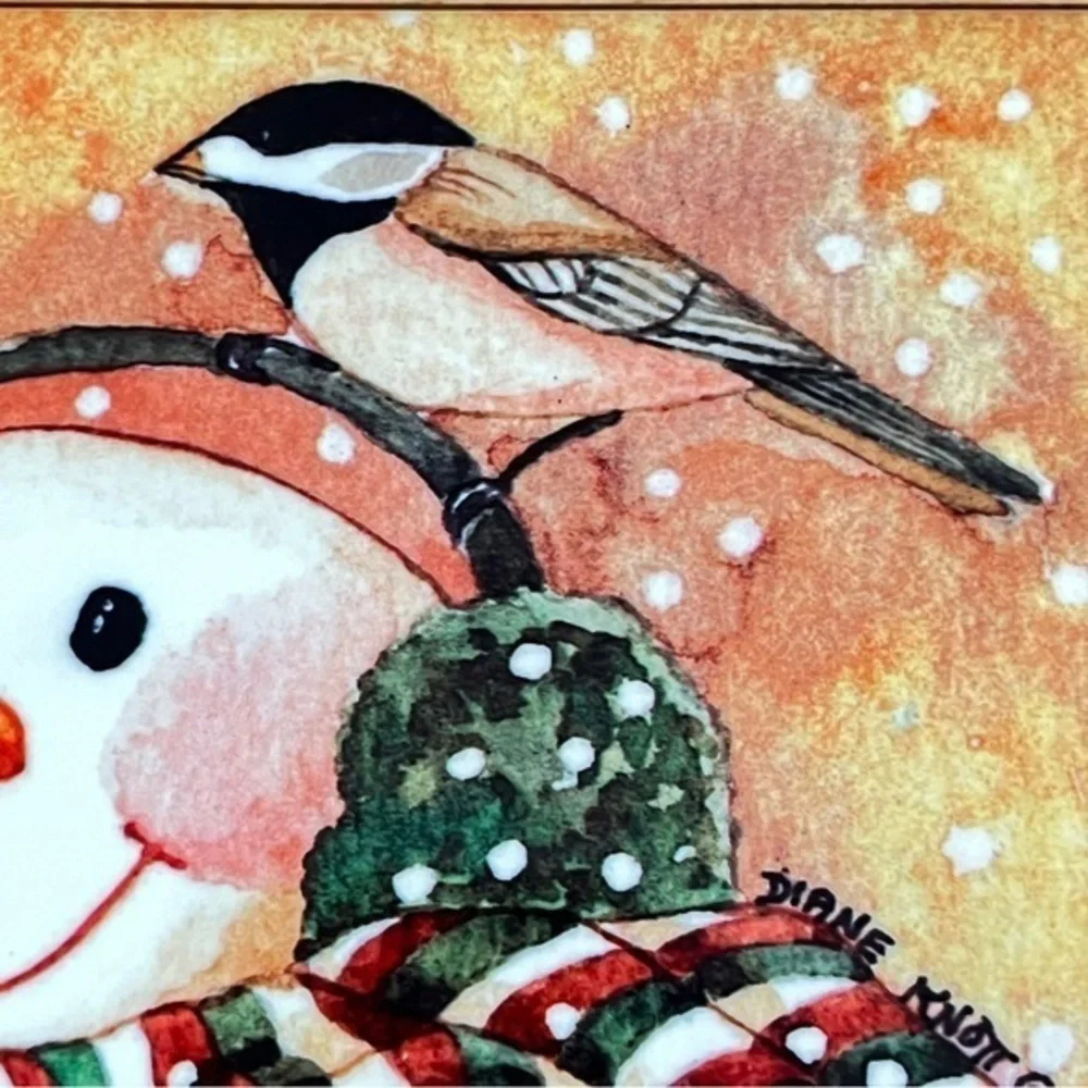 Snowman Ceramic Tile Hot‎ Plate Trivet Wood Frame Border Christmas Diane Knott